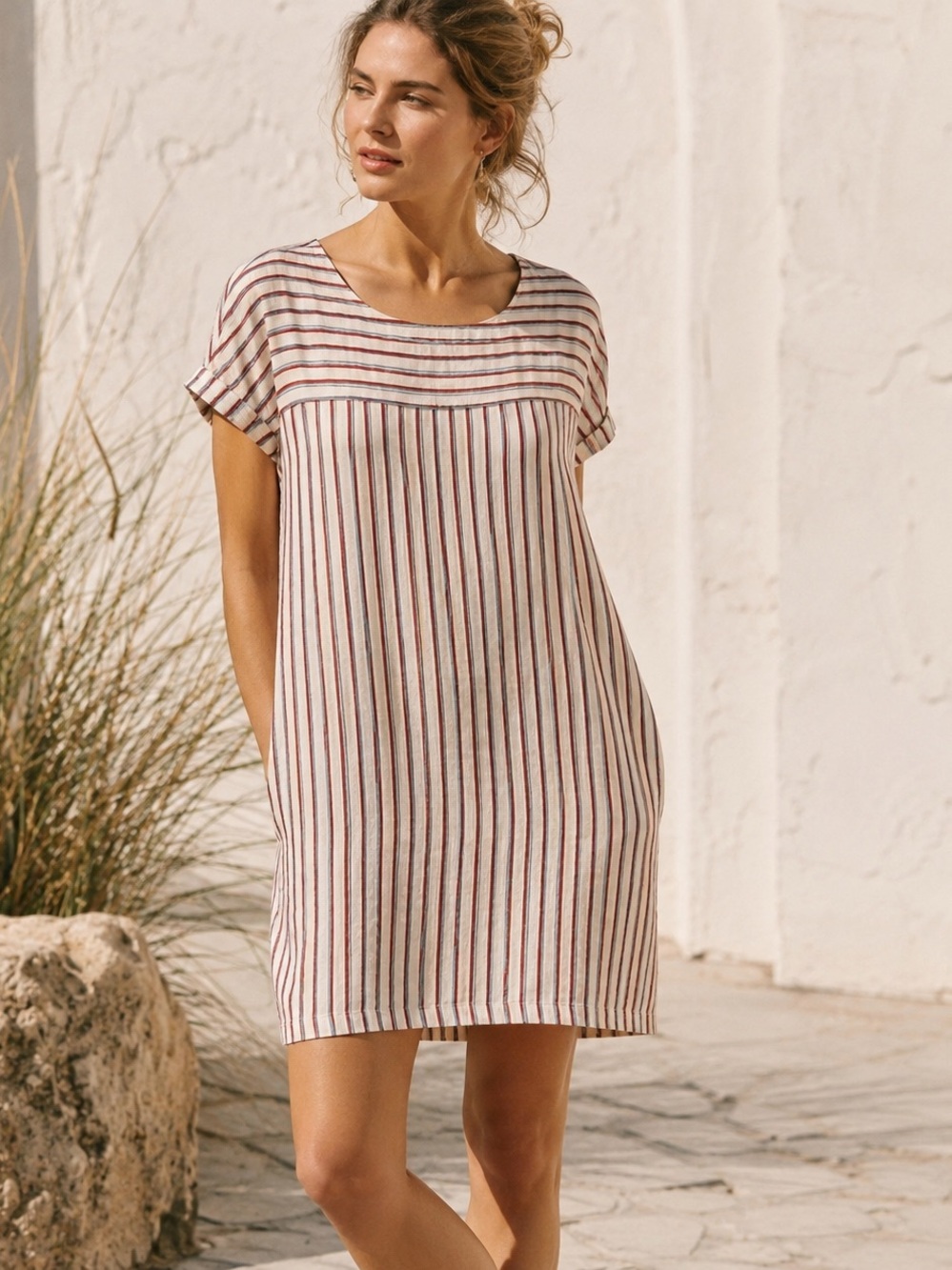 Anthropologie Mo:Vint Linen Shift Dress Medium Coastal Minimalist Striped